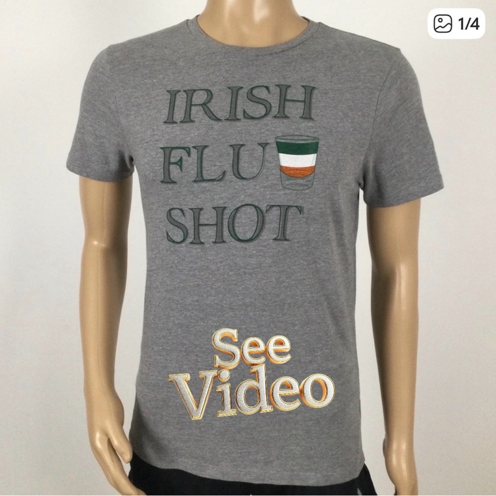 👛 (ANY 2/$20) OLD NAVY Men’s Grey Short Sleeved Tee Shirt “IRISH FLU SHOT” Small